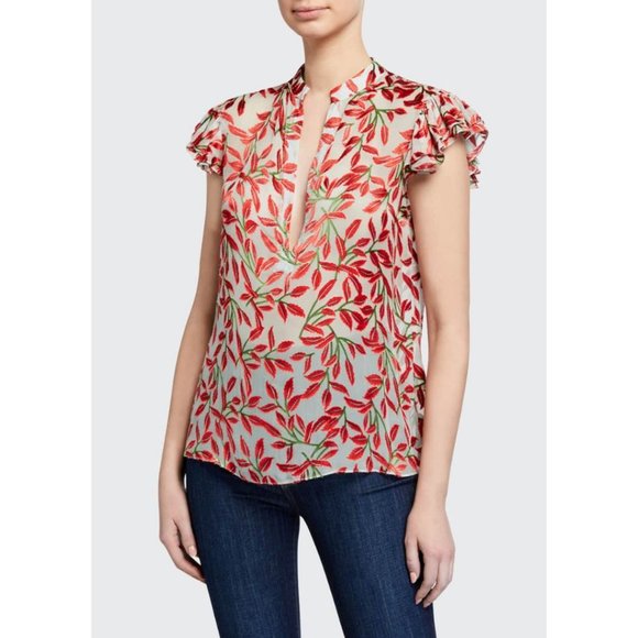Alice & Olivia Malita Ruffle SIlk Blouse Dancing Leaf Powder Blue Size Medium - Picture 1 of 6